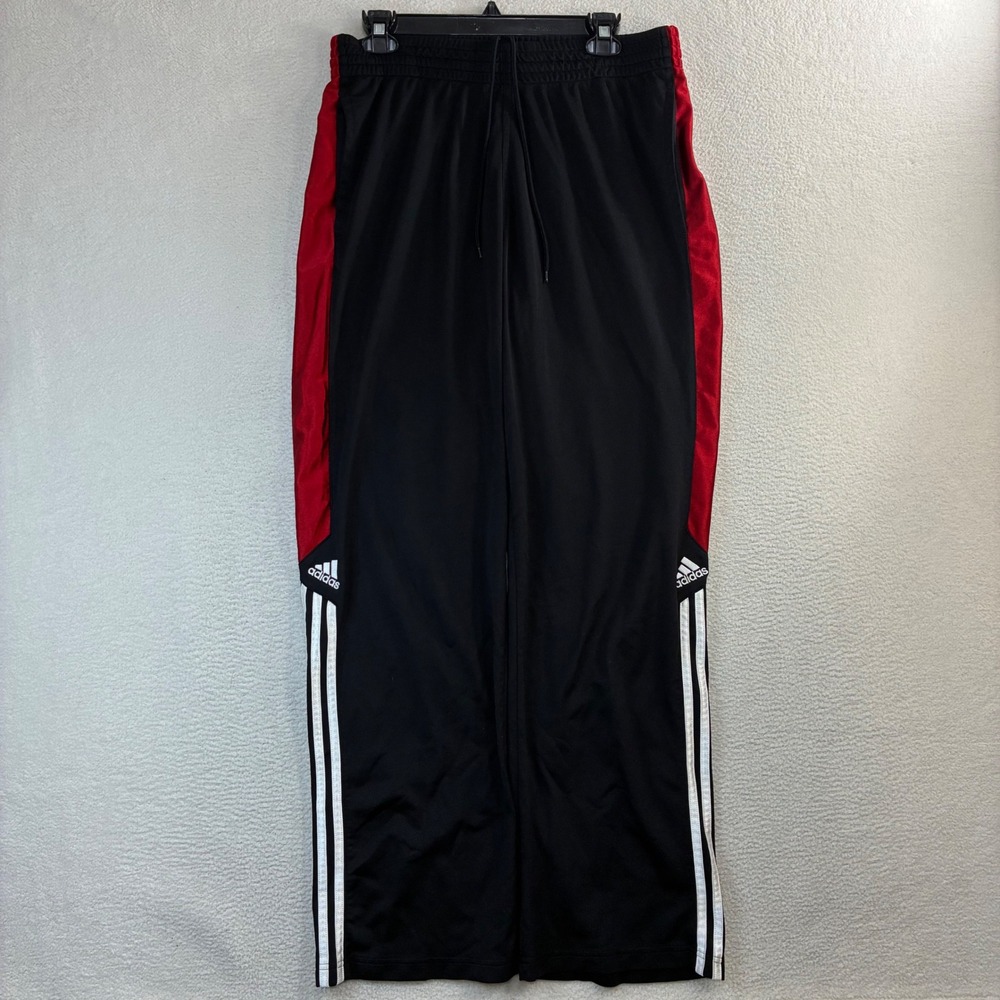 Y2K Adidas Baggy Track Pants Men L Black Red Silky Sweatpants Drawstring Vintage